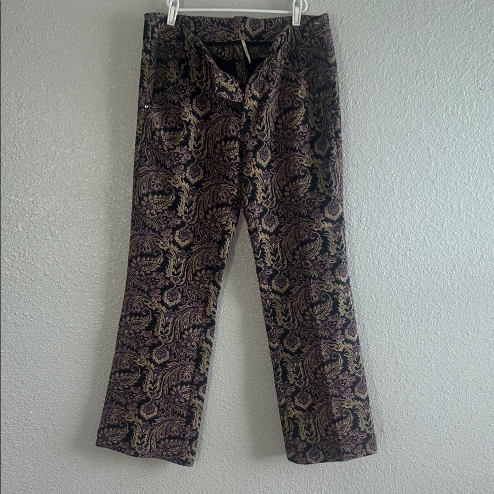 Free People Black Paisley Wide-Leg Trousers with Gold Accents